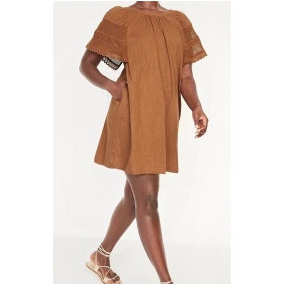 OLD NAVY Flutter-Sleeve 100% Cotton Mini Swing Crochet Dress Plus Size 2X Mocha - Picture 2 of 14
